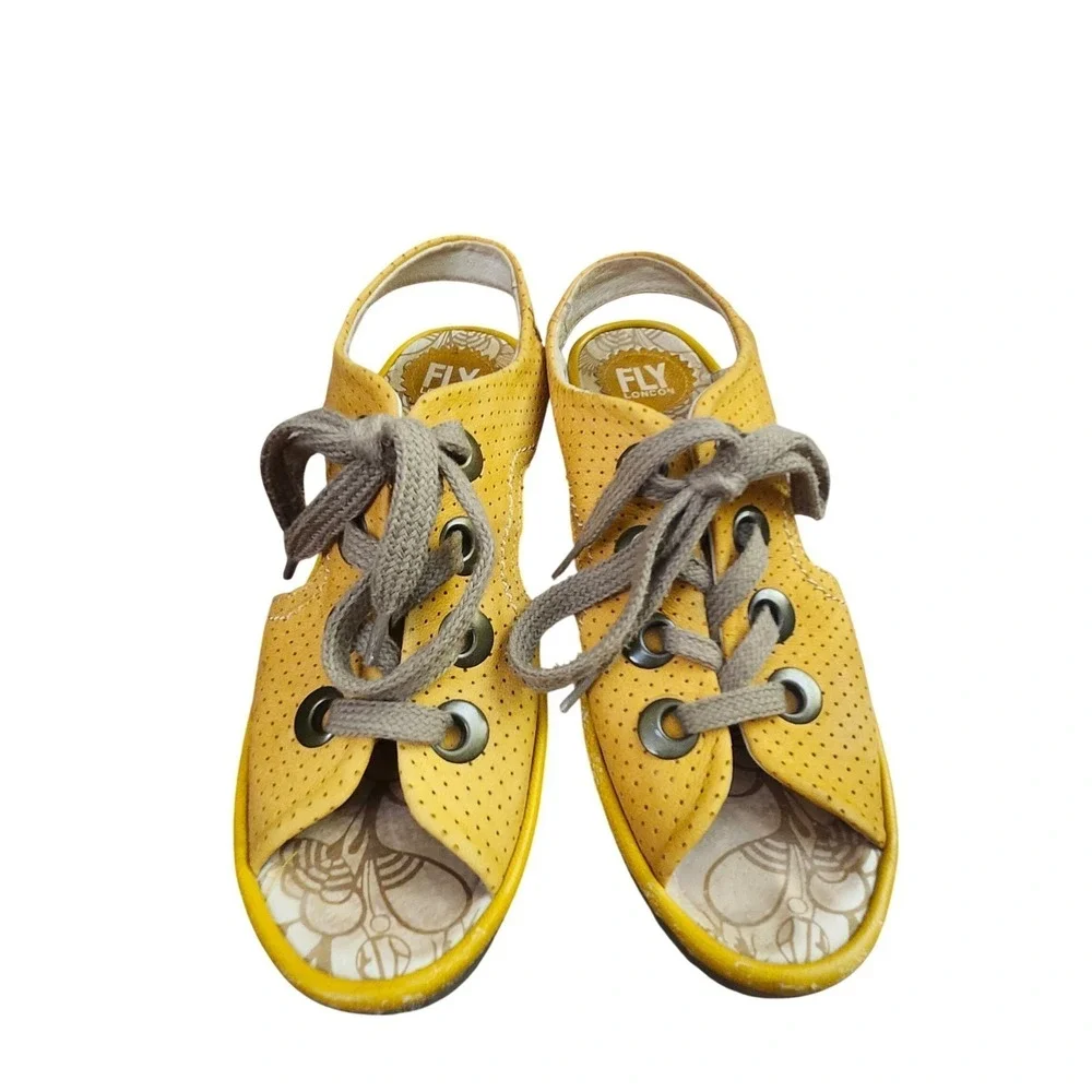 Fly London Yasi Mustard Yellow Perforated Leather Wedge Sandals Size 39